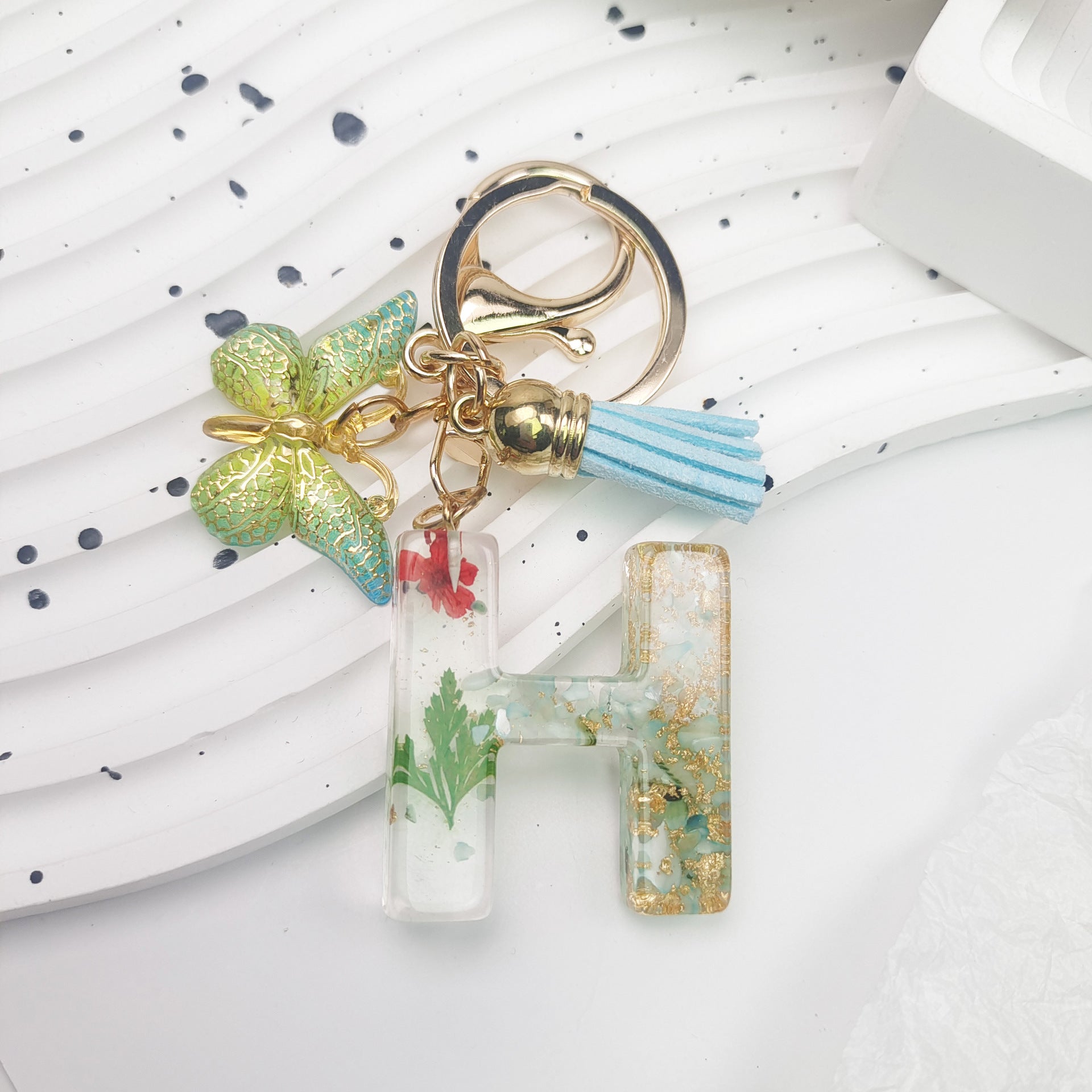 Wholesale Green English Letter Dried Flower Keychains Butterfly Tassel Keychain ACC-KC-Jiay002
