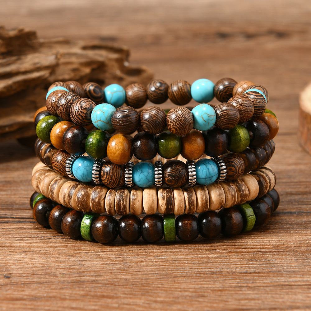 Wholesale Bohemian Style nut Shell Wooden Beads Turquoise Handmade Bracelet