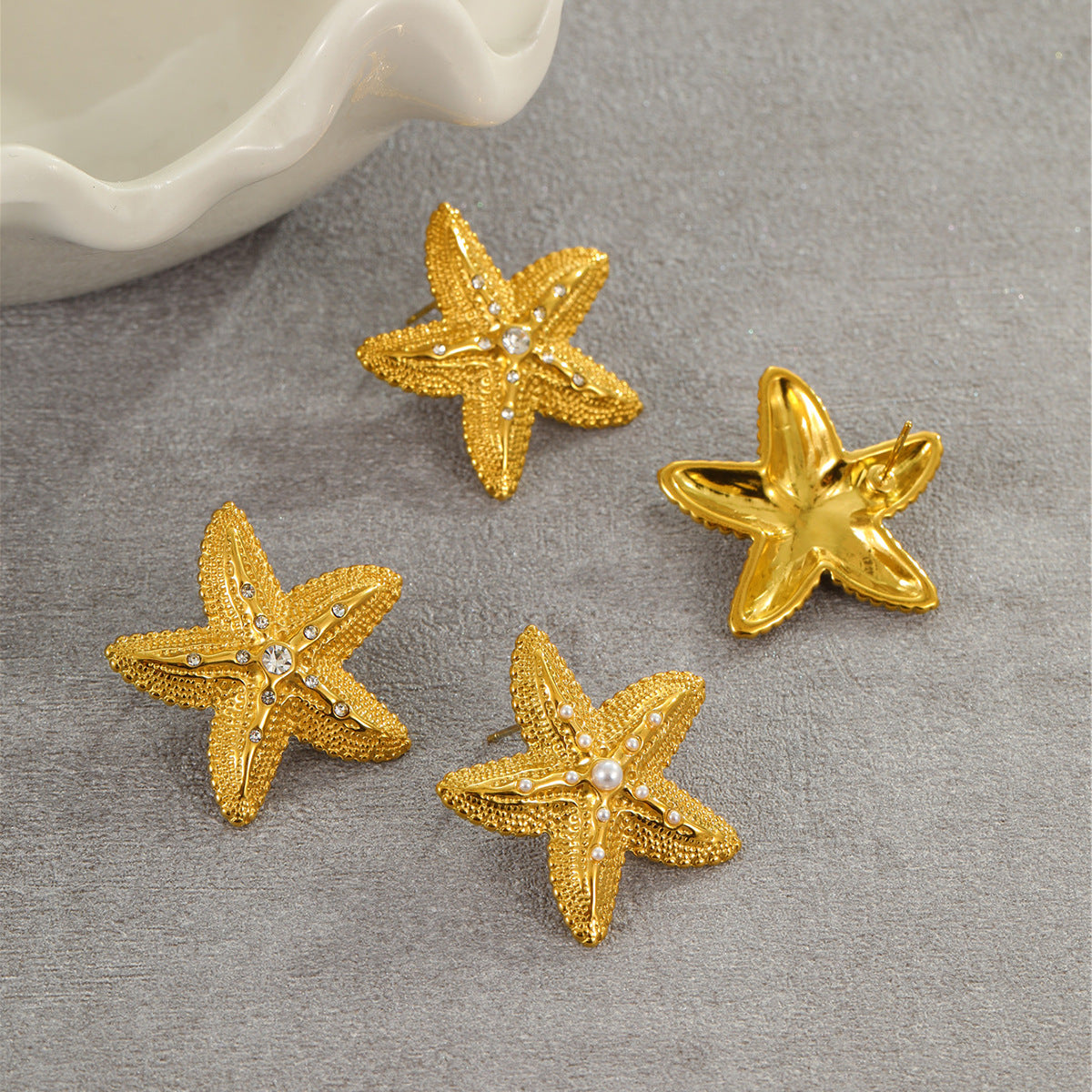 Wholesale Summer Ocean Resort Style Starfish Texture Stainless Steel Earrings