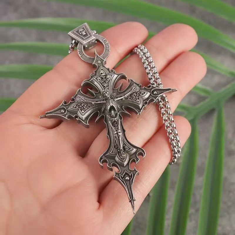Wholesale Vintage Gothic Skull Cross Pendant Necklace Titanium Steel Chain Punk Style Jewelry