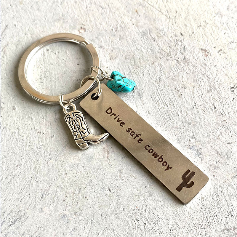 Wholesale Western Cowboy Boot Keychain With Turquoise Cross Cactus Horseshoe Metal Pendant Creative Textured Car Key Accessory