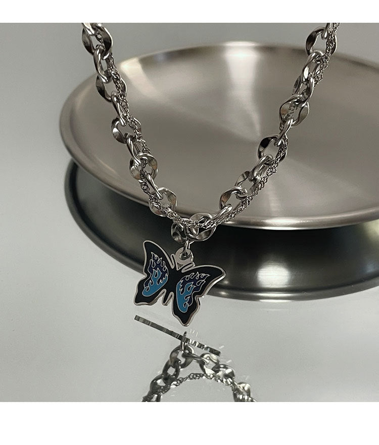 Wholesale Blue Titanium Steel Butterfly Necklace
