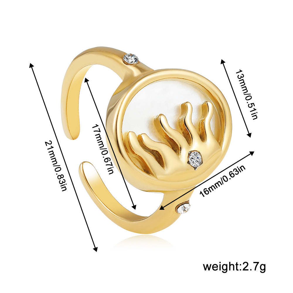 Wholesale Stainless steel 18K gold mother-of-pearl sun diamond open ring