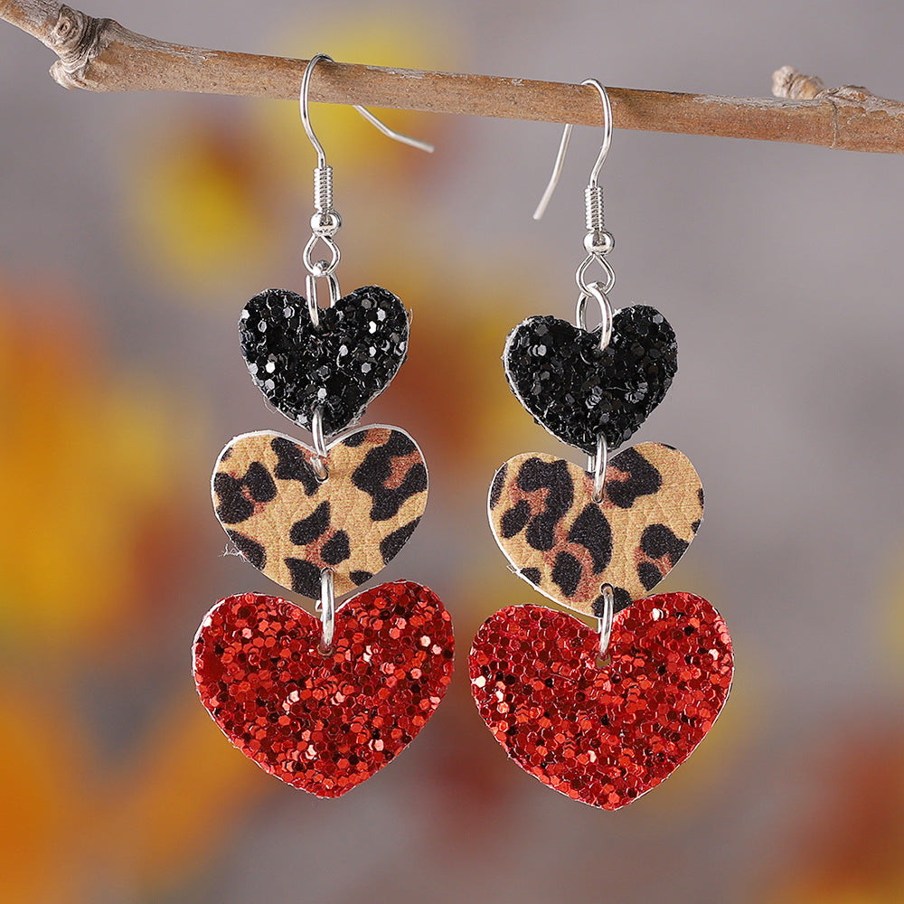 Wholesale Valentine' s Day Leather Cow Print Leopard Print Heart Earrings