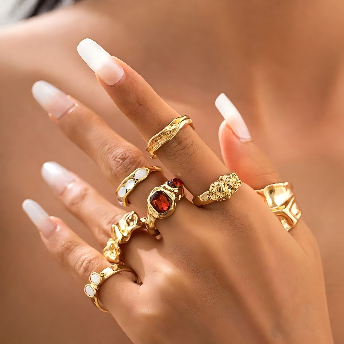 Wholesale Gold Chrome Stacking Ring Set with Rhinestones Irregular Texture Fashion Accessory for Resale