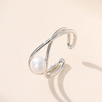 Wholesale S925 Silver Pearl Ring Women's Simple Crossed Geometric Open Finger Ring