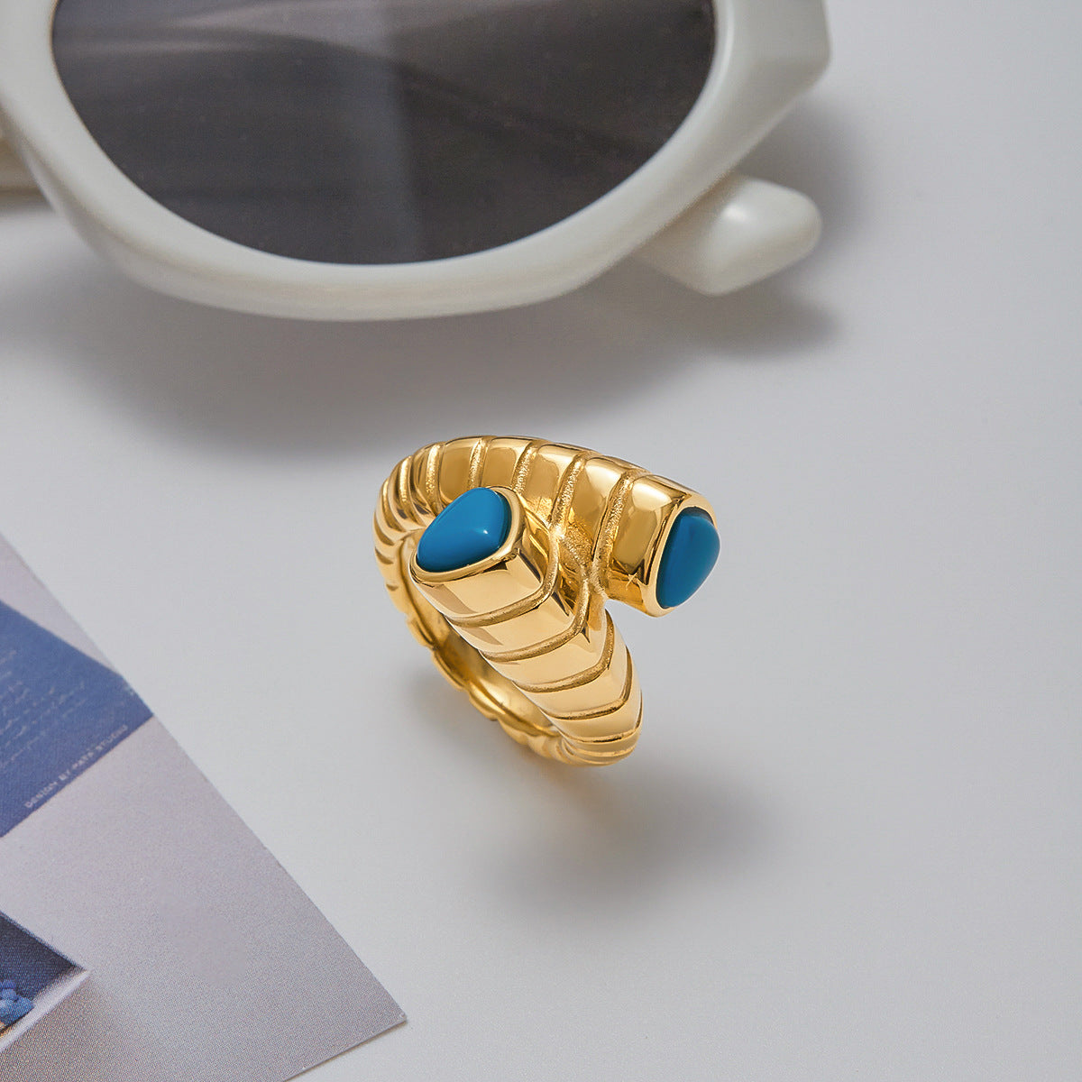 Wholesale 18K gold stainless steel blue turquoise cross ribbed ring