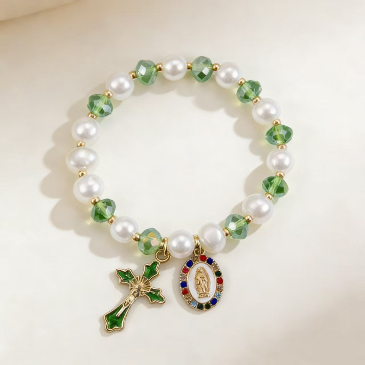 Wholesale Alloy man-made pearl beaded flower and cross Virgin Mary bracelet