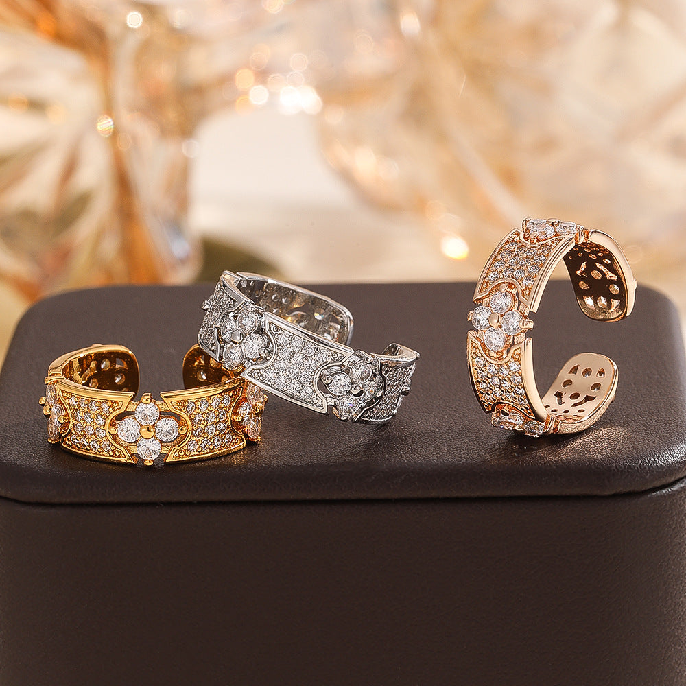 Wholesale Gold Electroplated Copper Four Leaf Clover Open Ring With Zircon Stylish Women S Fashion Jewelry Gift