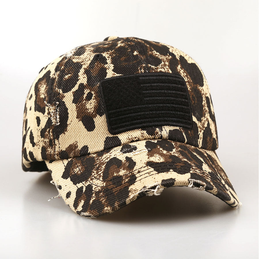 Wholesale Vintage Leopard Print Denim Baseball Cap with Flag Patch,  Retro Fashion Accessory,  Everyday Casual Gift