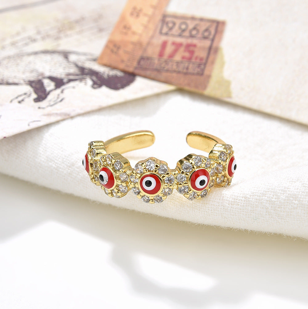 Wholesale 18K gold-plated zircon oil-drop colored devil' s eye open ring