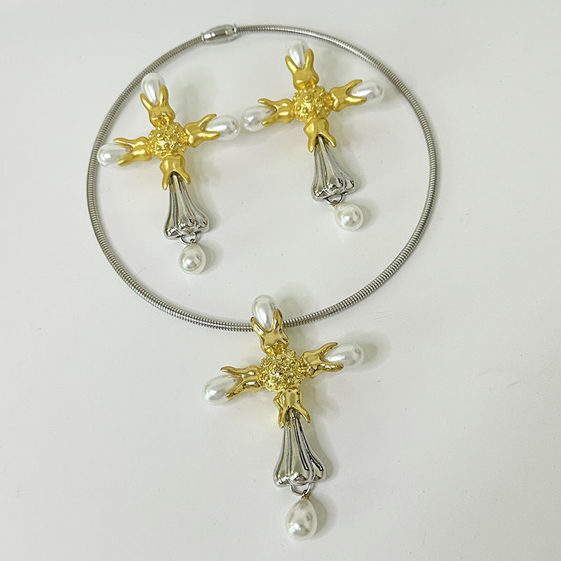 Wholesale Exaggerated Three-dimensional Nose Cross Pearl Pendant Collar Necklaces  Accessories