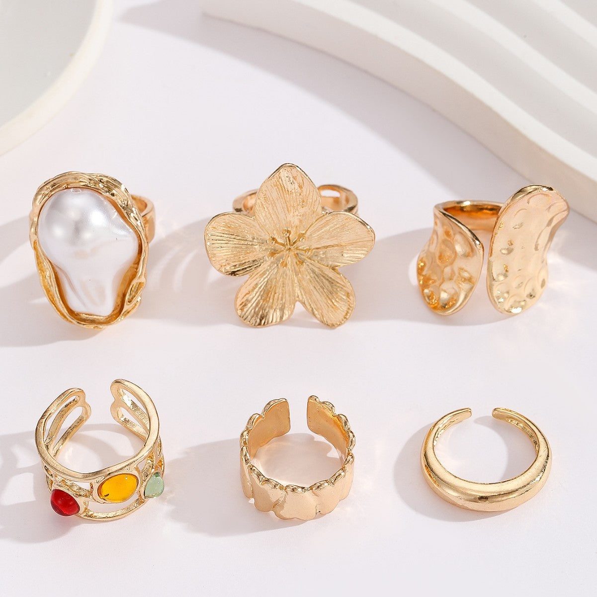 Wholesale Gold Baroque Lava Texture Flower Ring Set For Women Adjustable Wide Band Geometric Shape Everyday Chic Jewelry Accessory