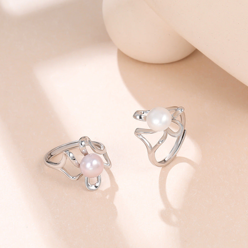 Wholesale S925 Sterling Silver Pearl Ring  Adjustable Open Finger Ring