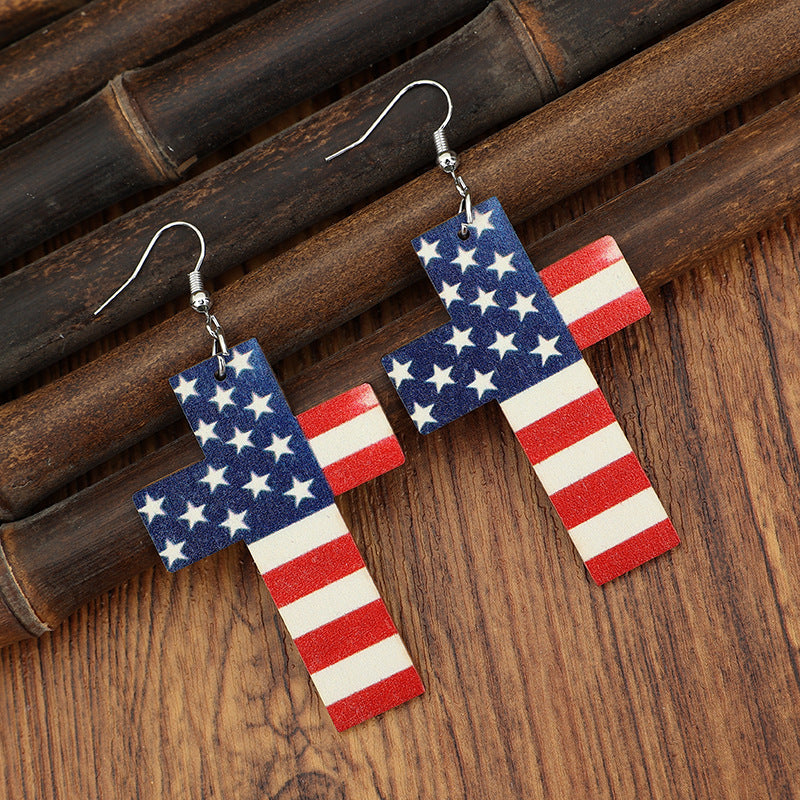 Wholesale Wooden American Flag Cross and Five Pointed Star Earrings