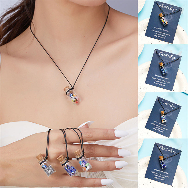 Wholesale  Fashion Devil's Eye Glass bottle pendant card wax rope necklace