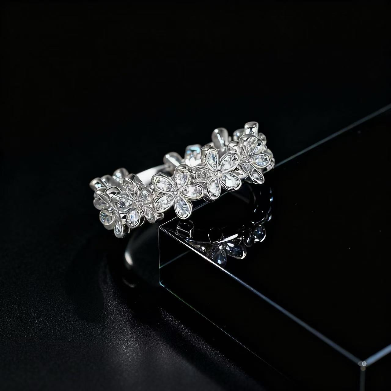 Wholesale Stylish Copper Zircon Flower Ring Open Adjustable Electroplated Women S Fashion Jewelry Accessory