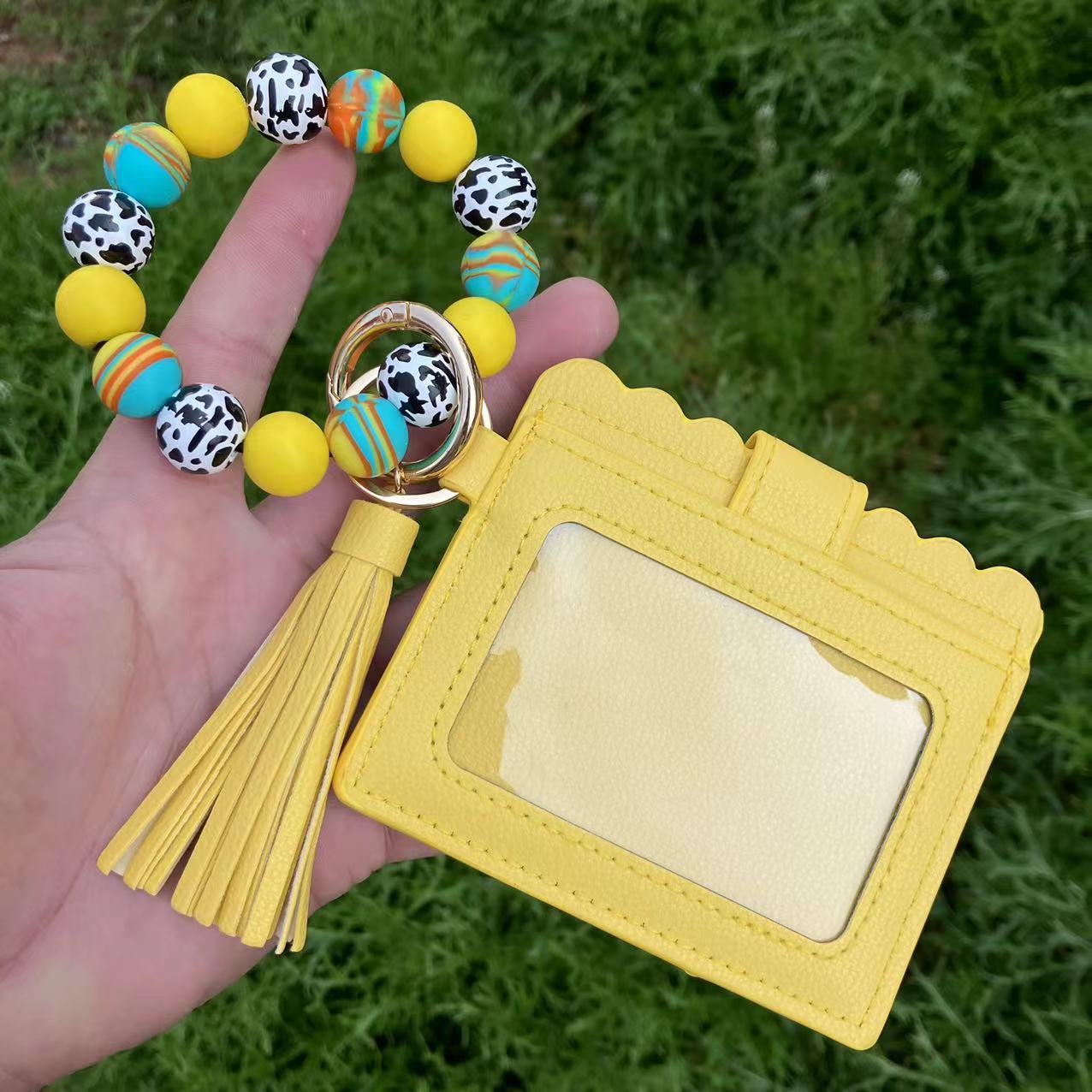 Wholesale European Retro Geometric Pattern Silicone Bead Wristlet Keychain Card Holder - Fashion Accessory for Women