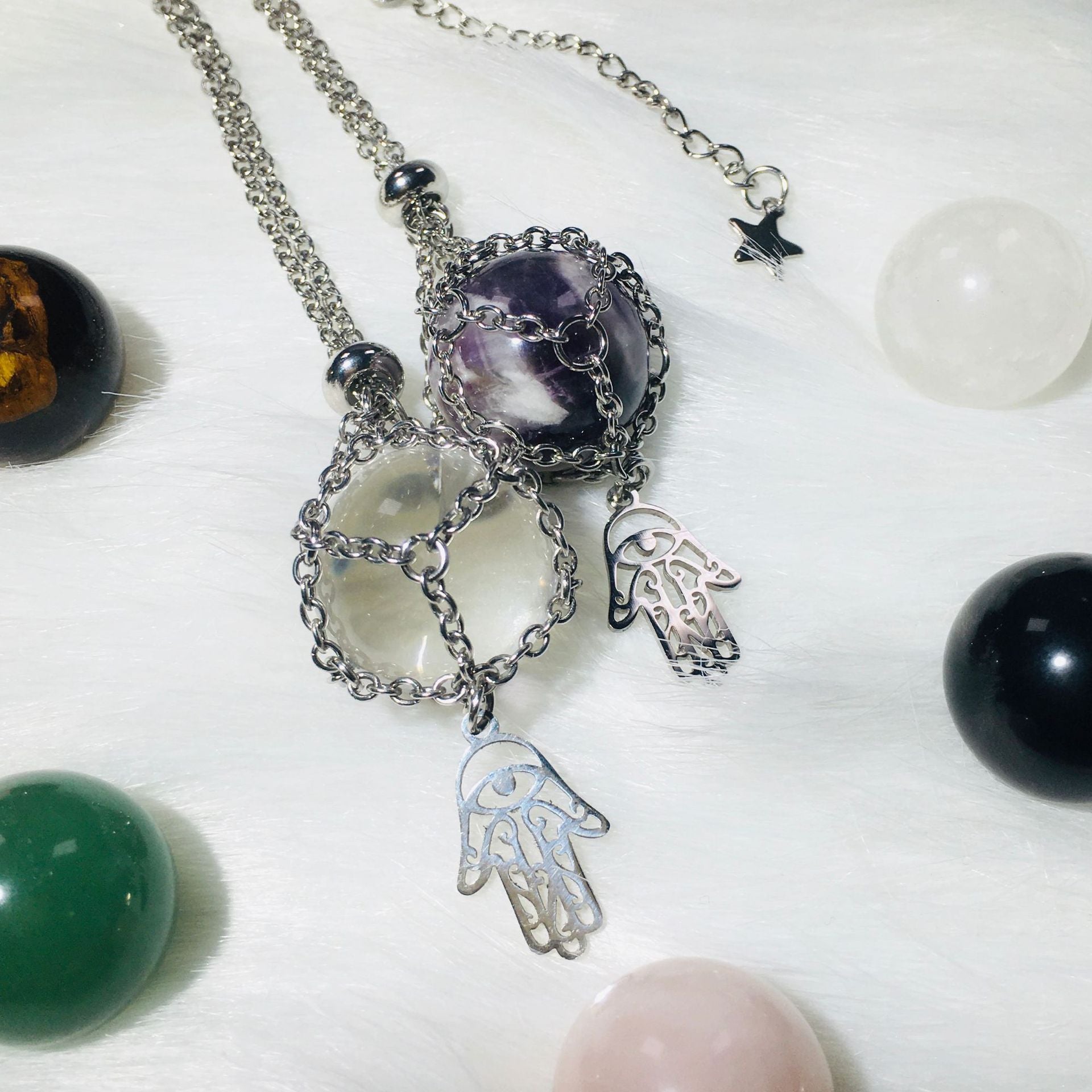 Wholesale Fatima Palm Replaceable Crystal Natural Stone Adjustable Metal Mesh Pocket Necklace ACC-NE-RongGuan004