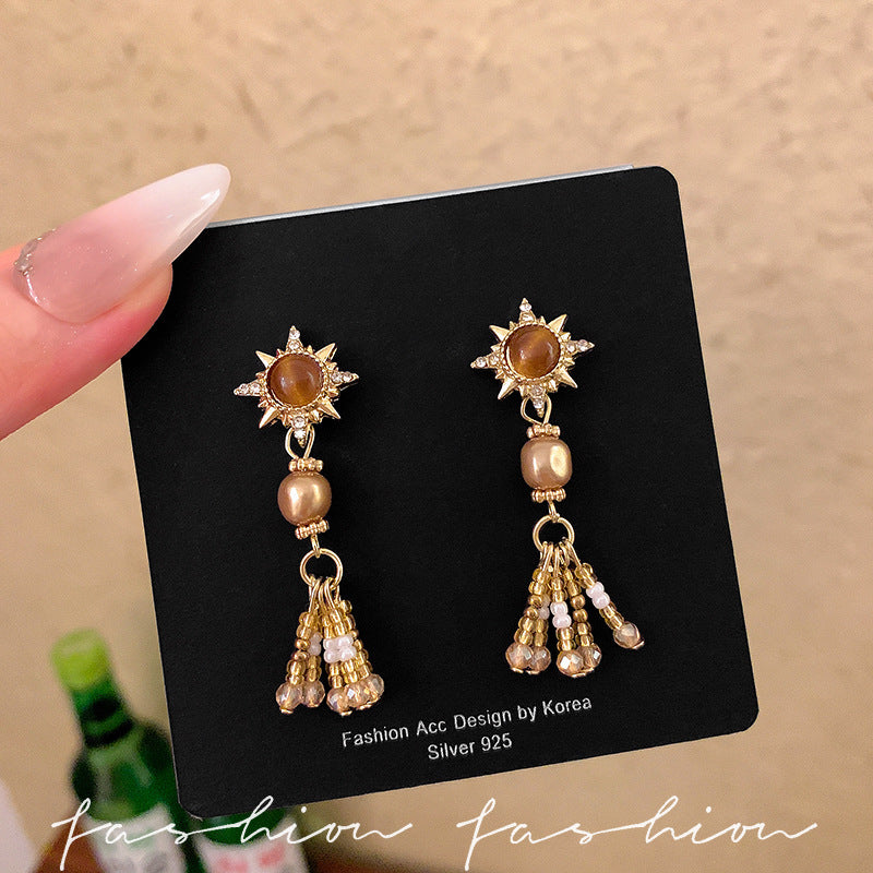 Wholesale Retro Caramel Tiger Eye Stone Pearl Tassel Earrings Eight Pointed Star Drop Earrings For Women Party Jewelry Accessory For Boutique Resale