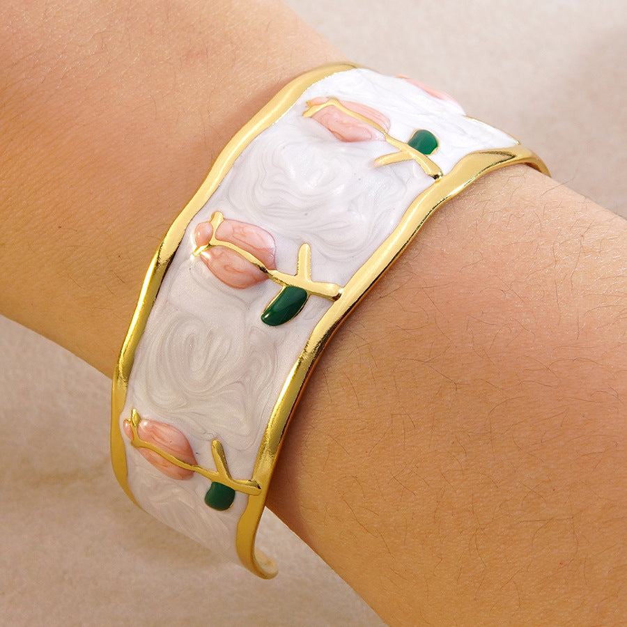Wholesale Fashion Stainless Steel Tulip Drip Oil Open Bracelet Jewelry Accessory