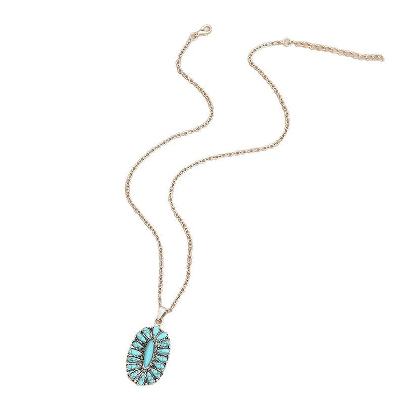 Wholesale Electroplated Silver Tone Alloy Turquoise Pendant Necklace Vintage Western Ethnic Fashion Jewelry