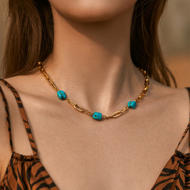 Wholesale Handmade Turquoise Beaded Necklace 18K Gold Plated Clavicle Chain Boutique Resale