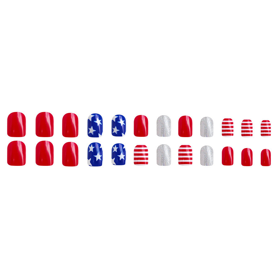 Wholesale 24 Pieces/box American Independence Day Glitter Powder Five-pointed Star Manicure Press-on Nails Kits Nail Stickers ACC-NS-GuaiXL033