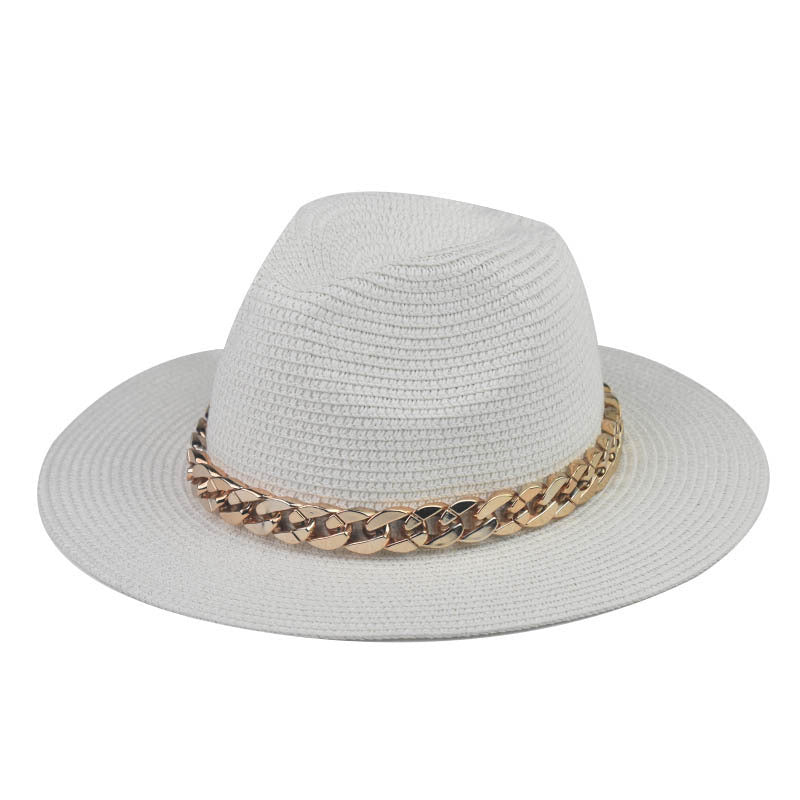 Wholesale Trendy Wide Brim Straw Hat With Gold Chain Decoration Flat Top Khaki Sun Hat For Summer Casual Wear