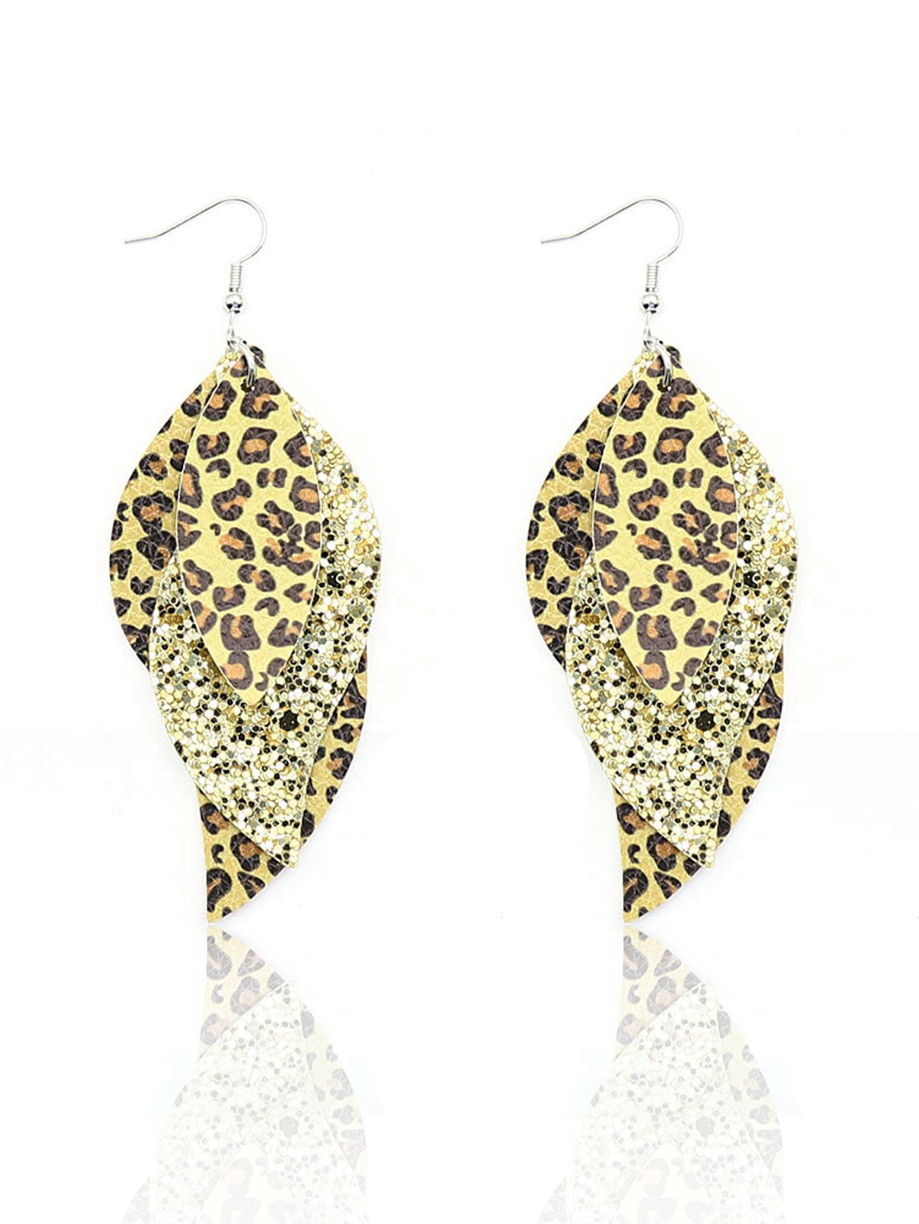 Wholesale  three-layer blade sequins leopard leather earrings