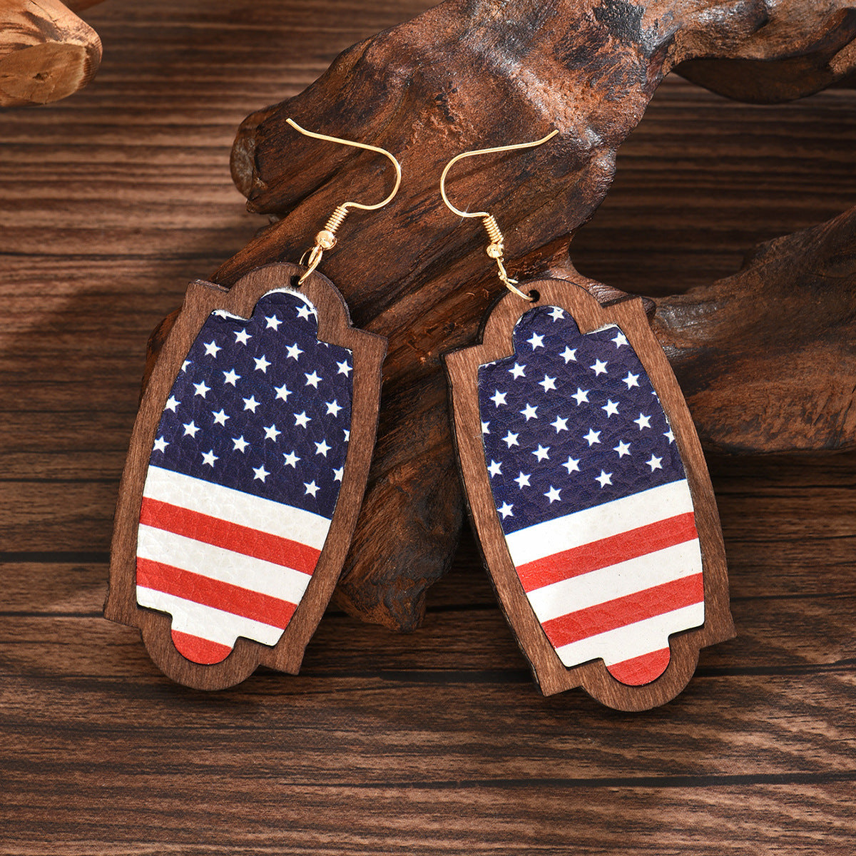 Wholesale American Independence Day Star Leather Pebbled Wooden Earrings ACC-ES-MT005