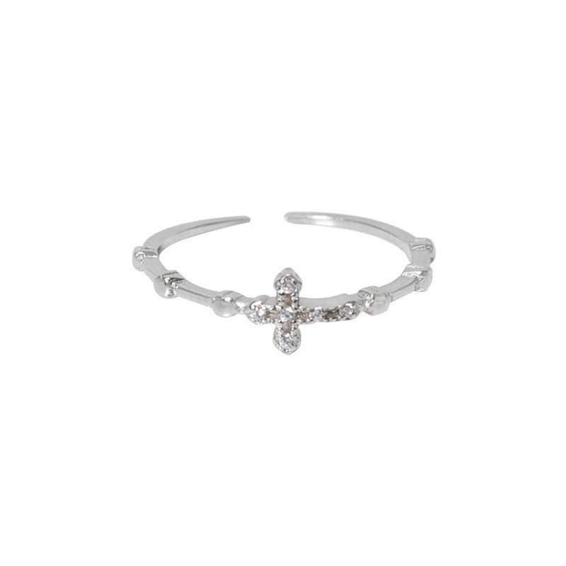 Wholesale Trendy Zircon Cross Open Ring Minimalist Asymmetric Pinky Ring Fashion Jewelry Accessory Gift For Everyday Wear