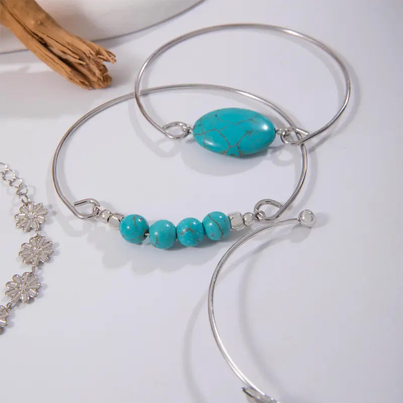 Wholesale Vintage Bohemian Turquoise Inlaid Flower and Feather Bracelet Set