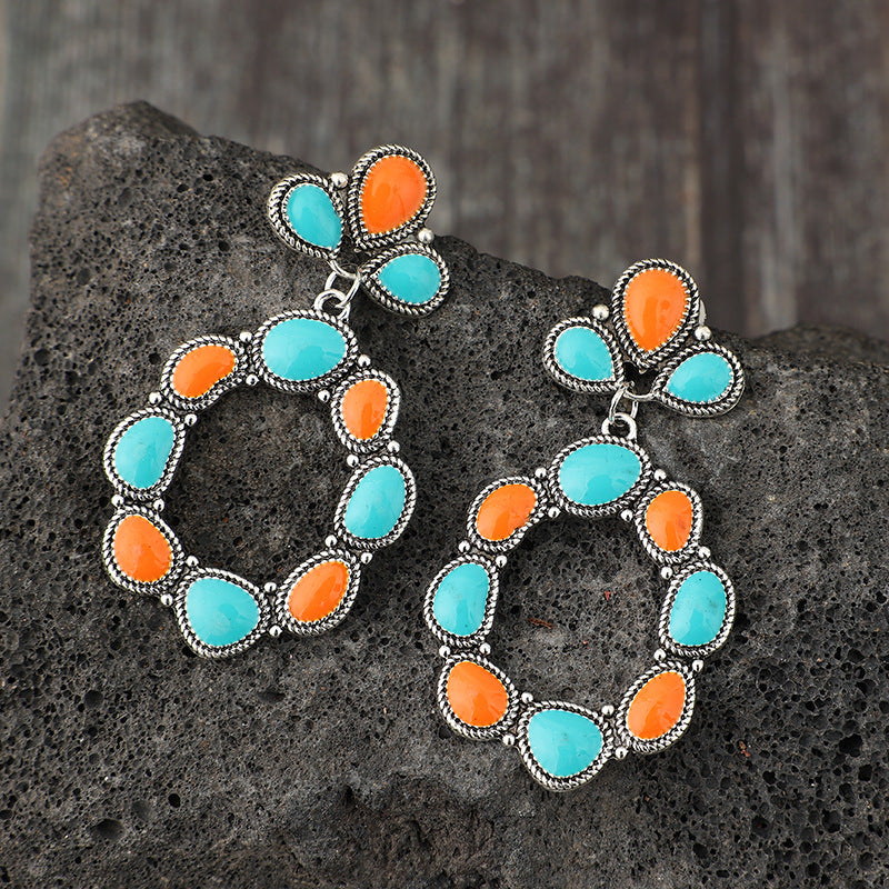 Wholesale Bohemian Style Inlaid Turquoise Geometric Alloy Retro Earrings