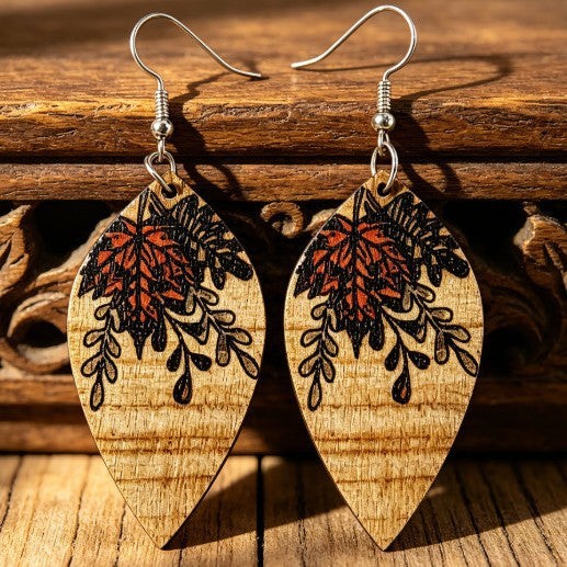 Wholesale Wooden Retro Ethnic Earrings With Printed Floral Geometric Pendant Fashion Accessory Boutique Resale Gift