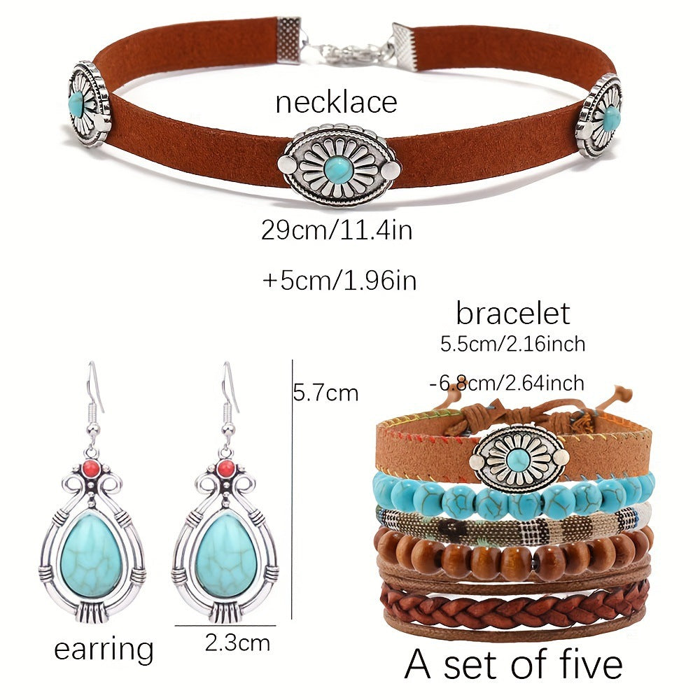 Wholesale Velvet Rivet Leather Choker 8-Piece Bracelet Set Turquoise Earrings Jewelry Set