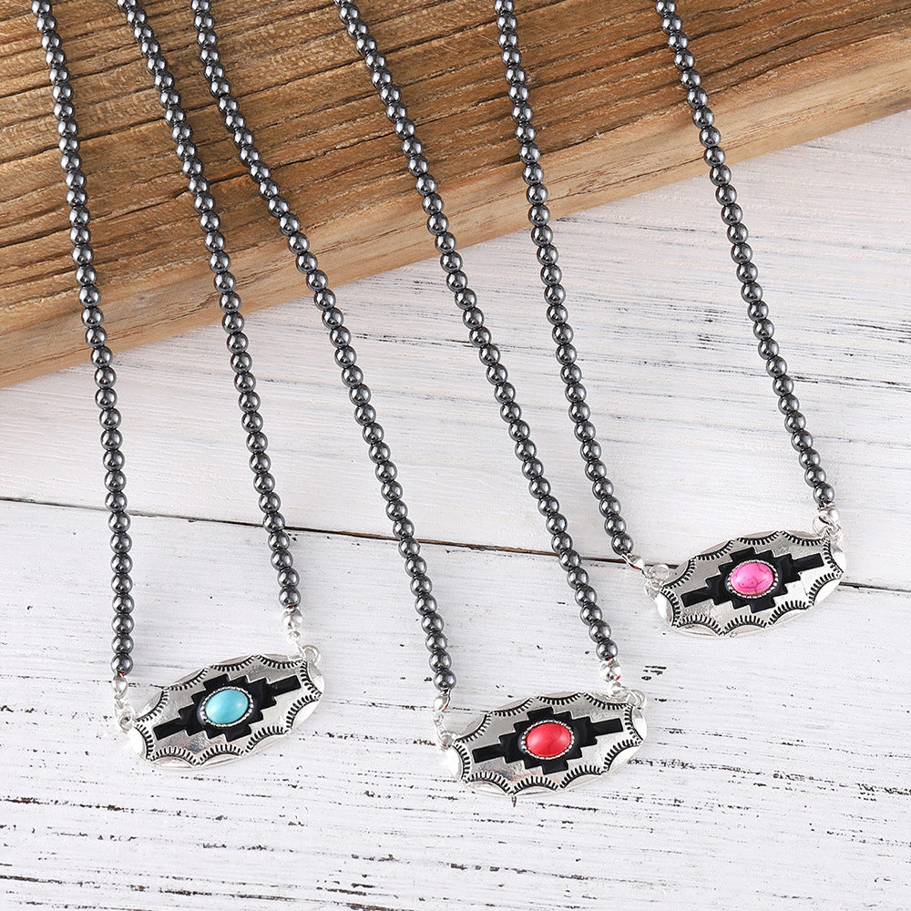 Wholesale  Retro Inlaid Color Turquoise Alloy Necklace