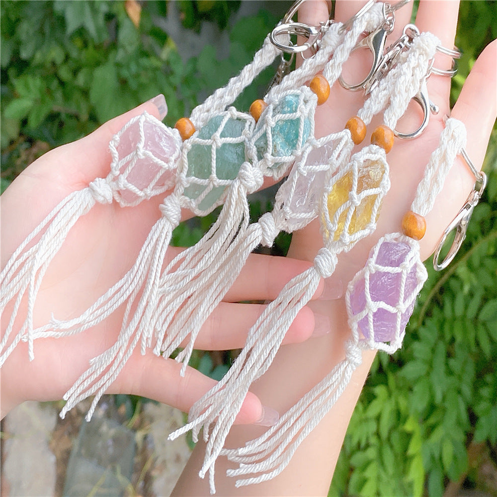 Wholesale Crystal Raw Stone Woven Mesh Pocket Keychain Natural Stone ACC-KC-Nius001