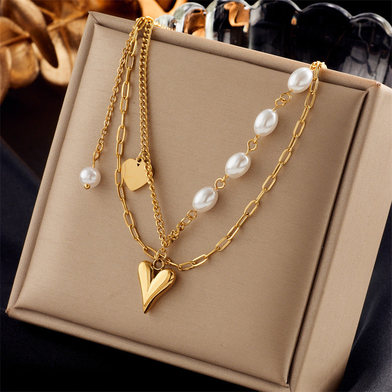 Wholesale Gold-plated Titanium Steel Necklace Multi-layered Butterfly Necklace Pearl Medal Necklace ACC-NE-QianYue001
