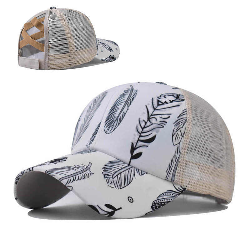Wholesale Fashion Women S Feather Print Ponytail Baseball Cap With Adjustable Back Opening