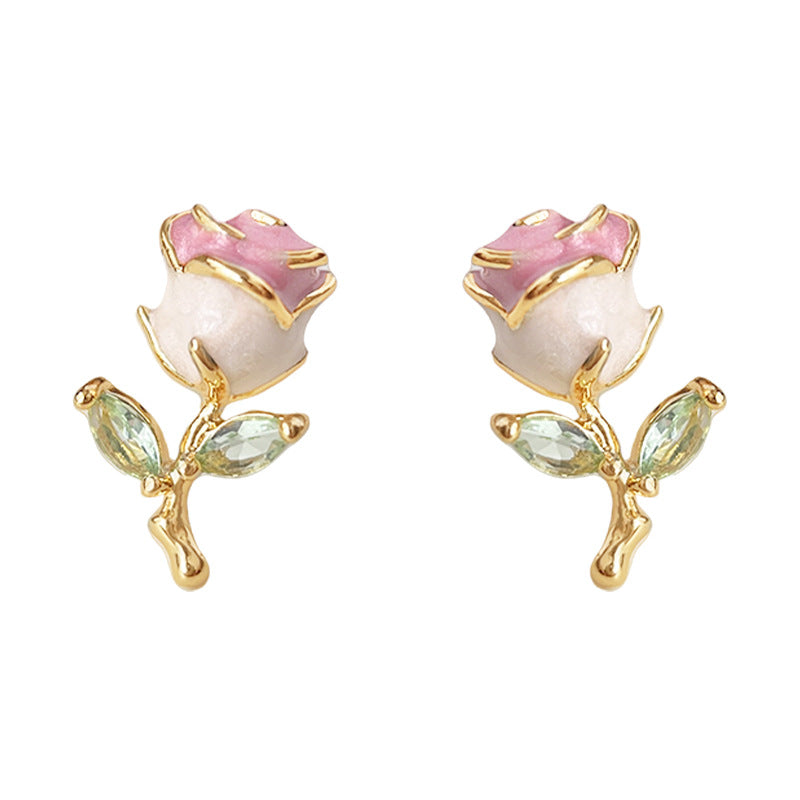 Wholesale  925 silver needle enamel drop glaze micro set zircon small rose earrings