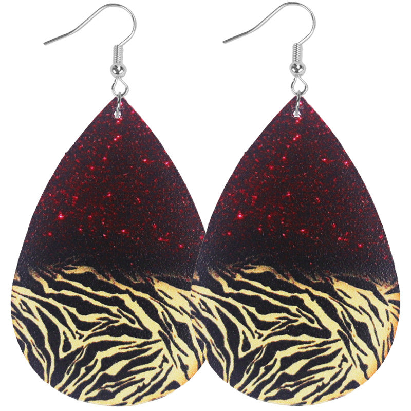 Wholesale Western retro leopard tiger pattern women's teardrop leather earrings