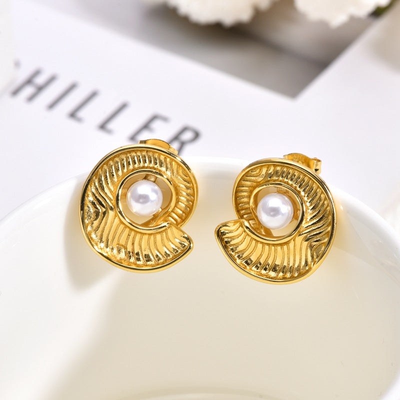 Wholesale Gold Cat' s Eye Stone Stainless Steel Earrings,  Vintage Exaggerated Ear Jewelry,  Light Luxury High-End Retro Floral Pearl Stud Earrings for Women