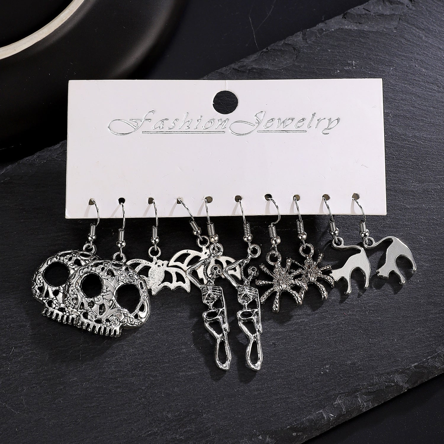 Wholesale Alloy Ancient Silver  Statement Earrings Set – 5 Pairs Pumpkin Skull  Theme,  Party Fashion Accessory