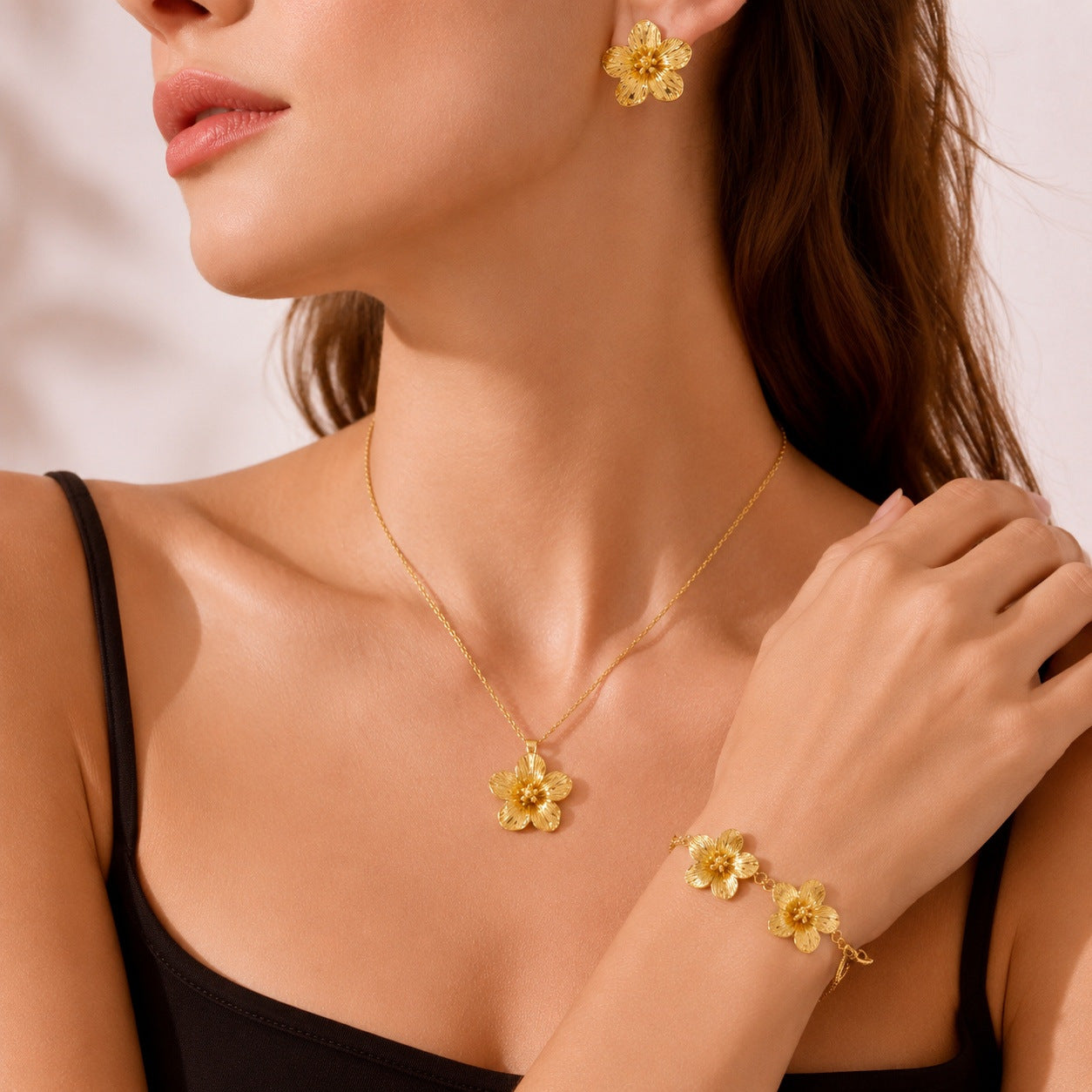 Wholesale Gold Tone Alloy Flower Jewelry Set Chic Floral Pendant Necklace Bracelet Earrings For Women Everyday Wear Fashion Accessory