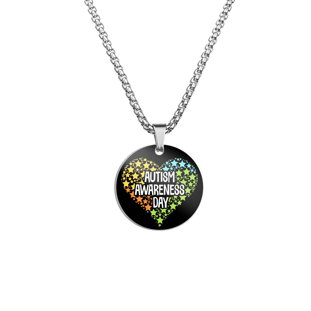 Wholesale Autism Color Printed Pendant Stainless Steel Necklace ACC-NE-HuanYu005