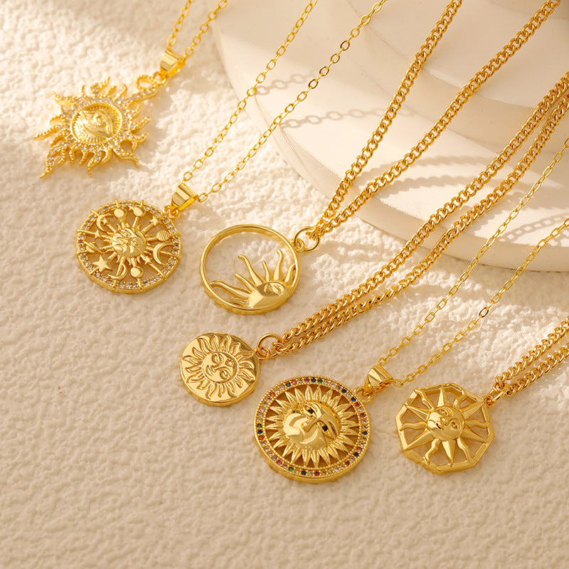Wholesale Stainless steel  Sun Pendant Sun Star Hollow Color Zirconium Tarot Niche Fashion Necklace
