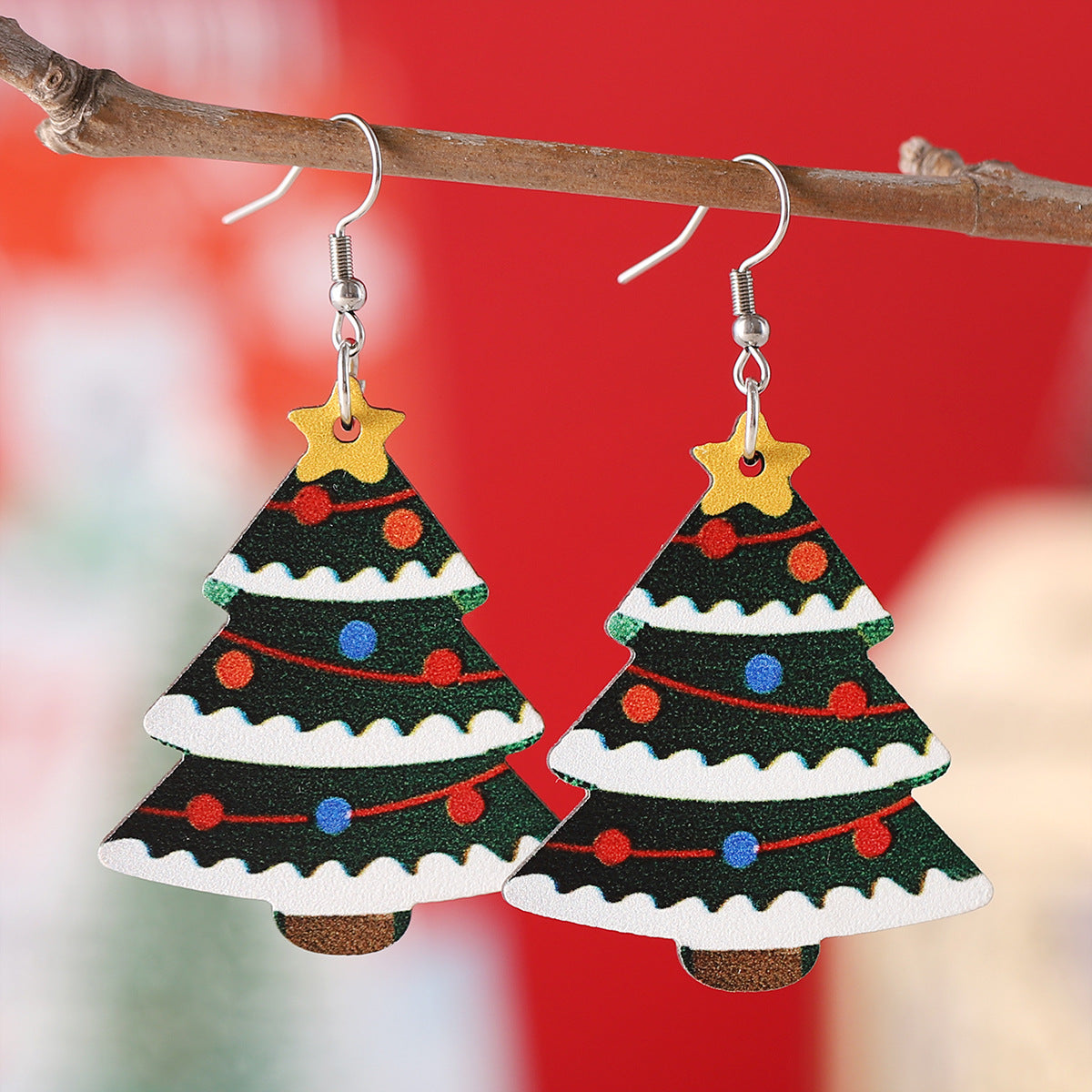 Wholesale Christmas Lantern Black Cat Christmas Tree Pendant Earrings Wooden