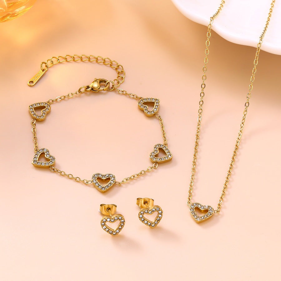 Wholesale Light Luxury Diamond-Encrusted Hollow Heart Jewelry Set - Titanium Steel Bracelet,  Necklace,  Earrings,  Boutique Resale Gift