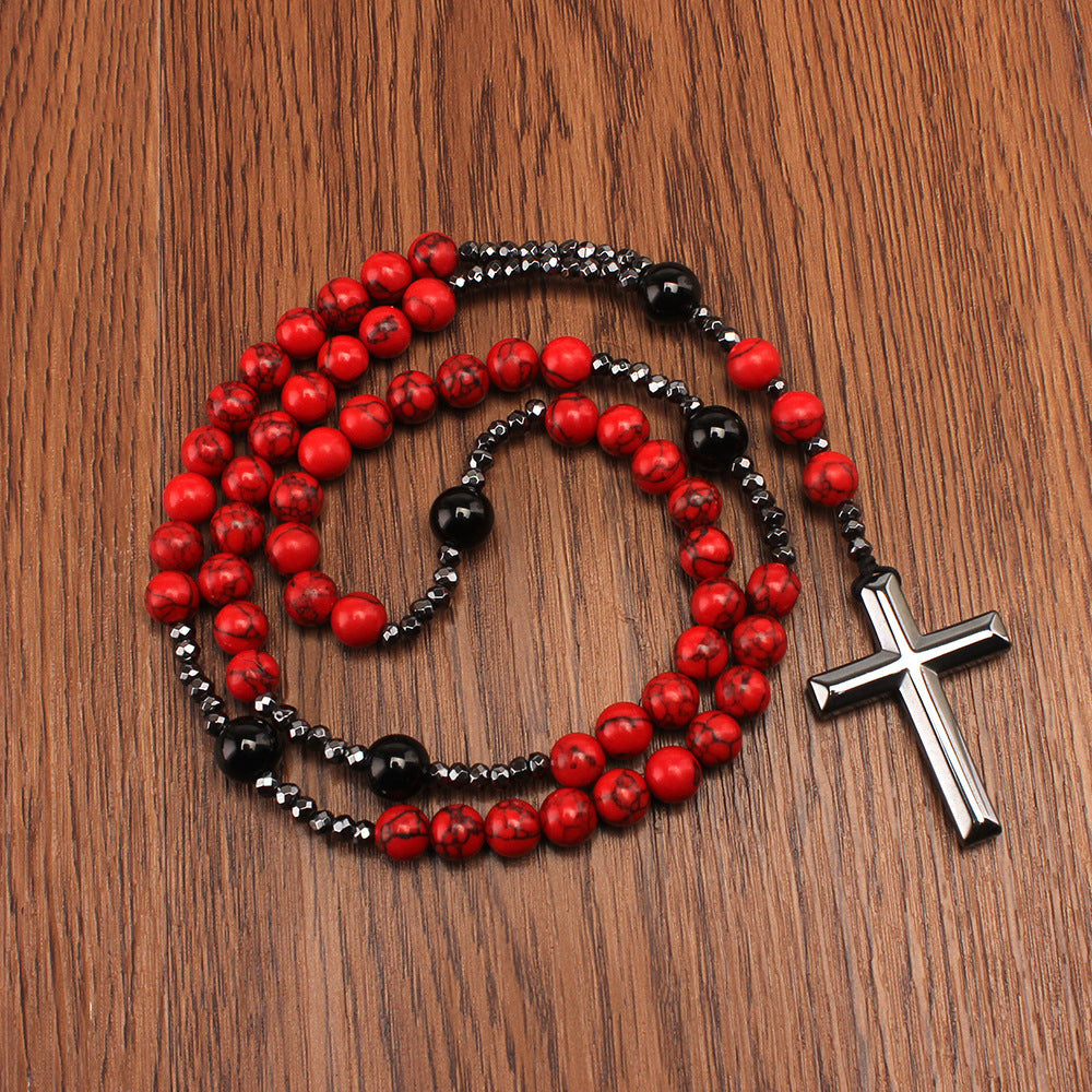 Wholesale natural stone 8mm red turquoise black agate black gallstone cross rosary beads men' s necklace